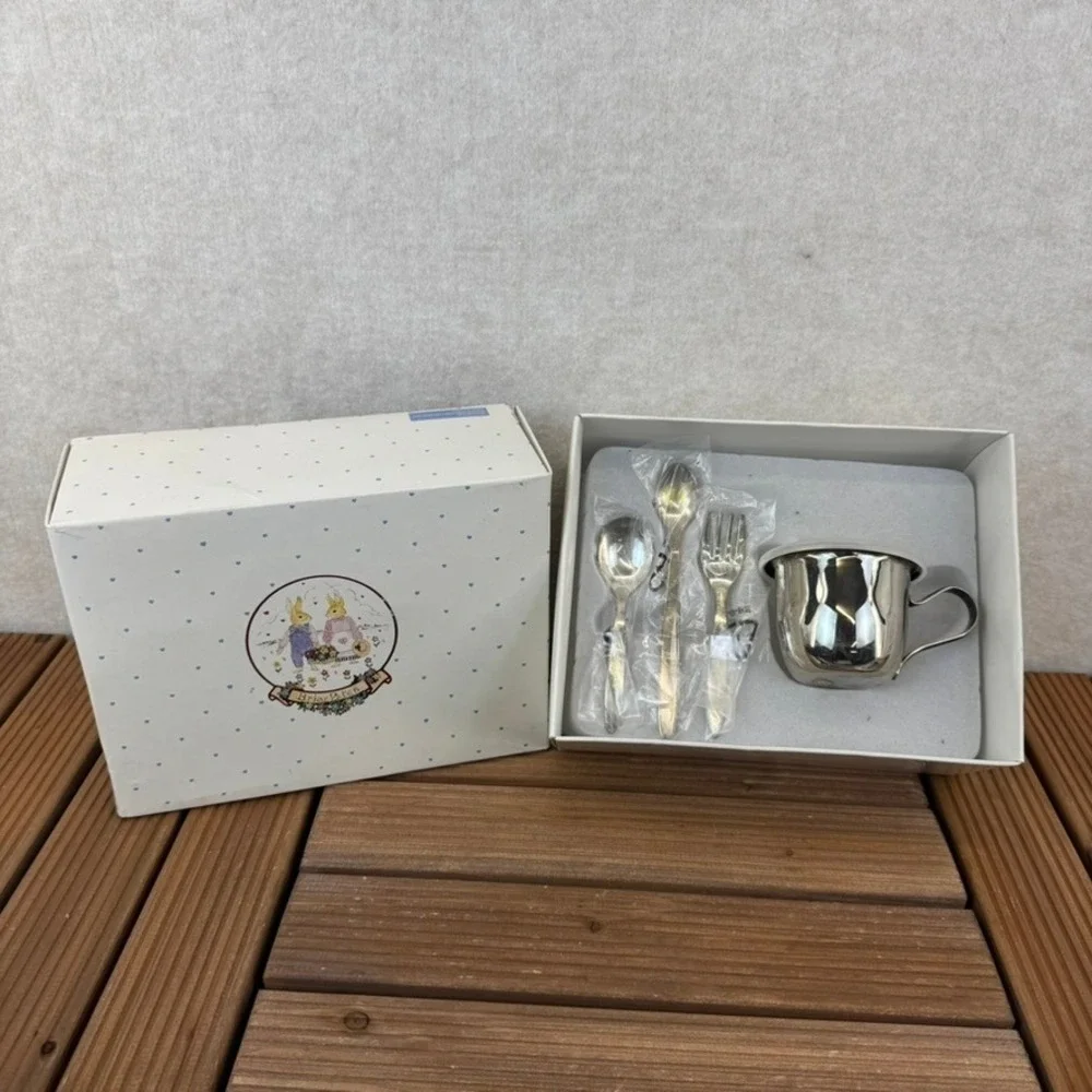 Silver Plated Baby Feeding Set Briar Patch Cup Spoons Fork 5 Pieces Engraved
